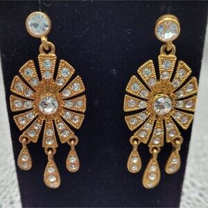 PA CN Couture Art Deco Gold Toned & Rhinestone Earrings